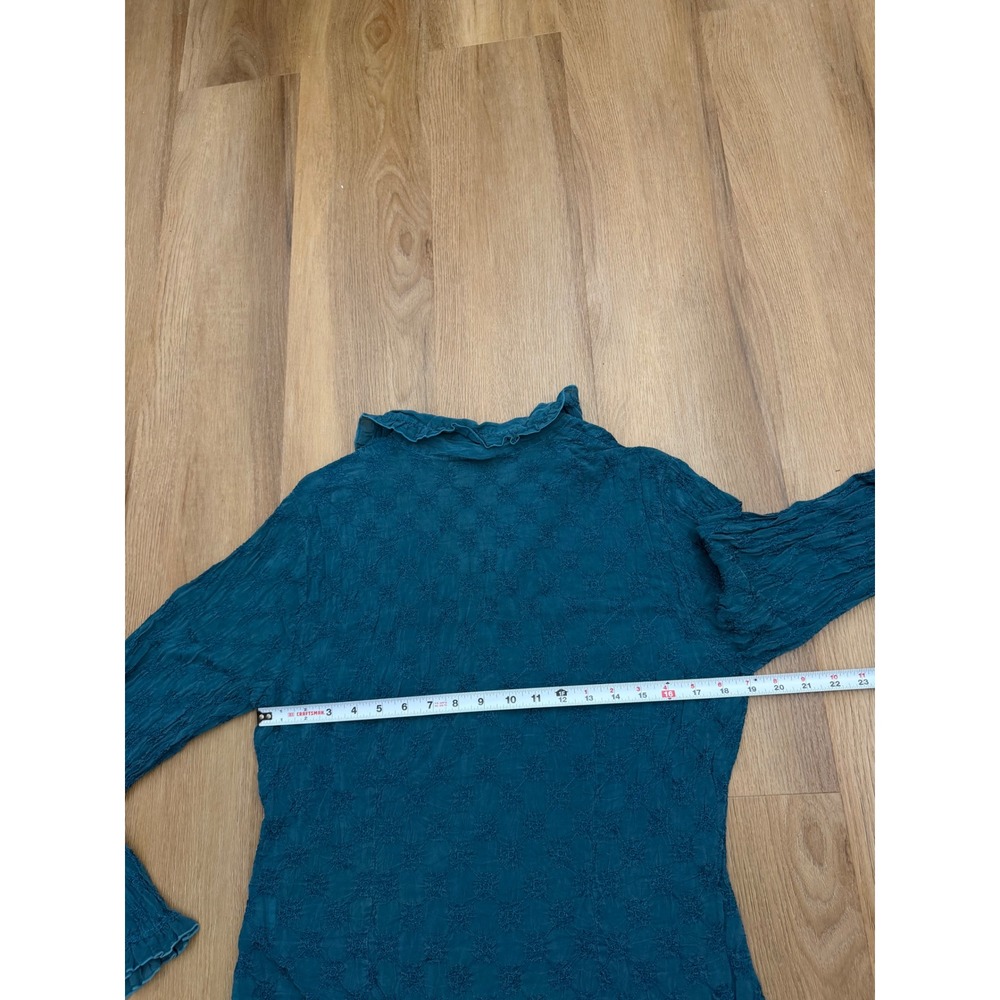 Johnny Was Item Teal Blue Embroidered Crinkle fairy Ruffle Blouse XL vintage - Picture 7 of 8